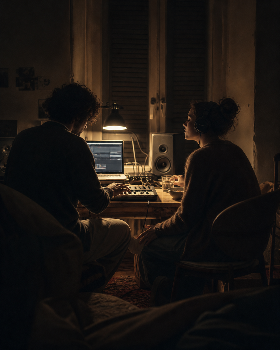 Deux personnes composent de la musique dans un appartement plongé dans la pénombre.